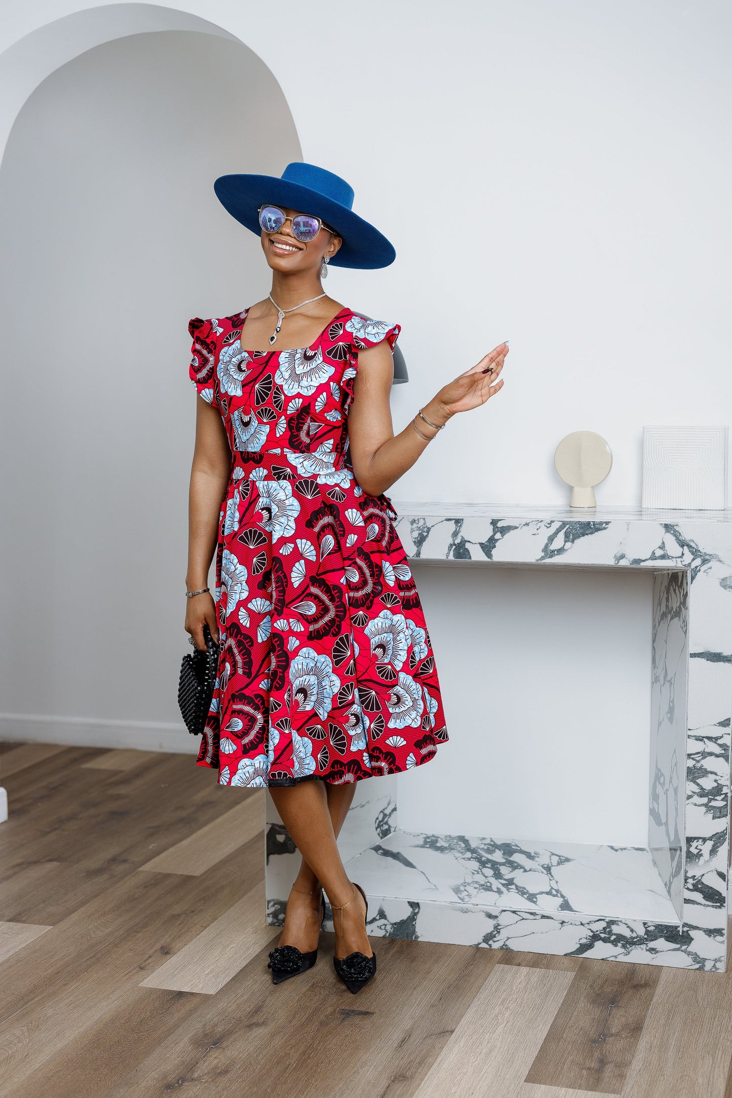 MALIKA AFRICAN PRINT FRILL SLEEVE DRESS [RED]