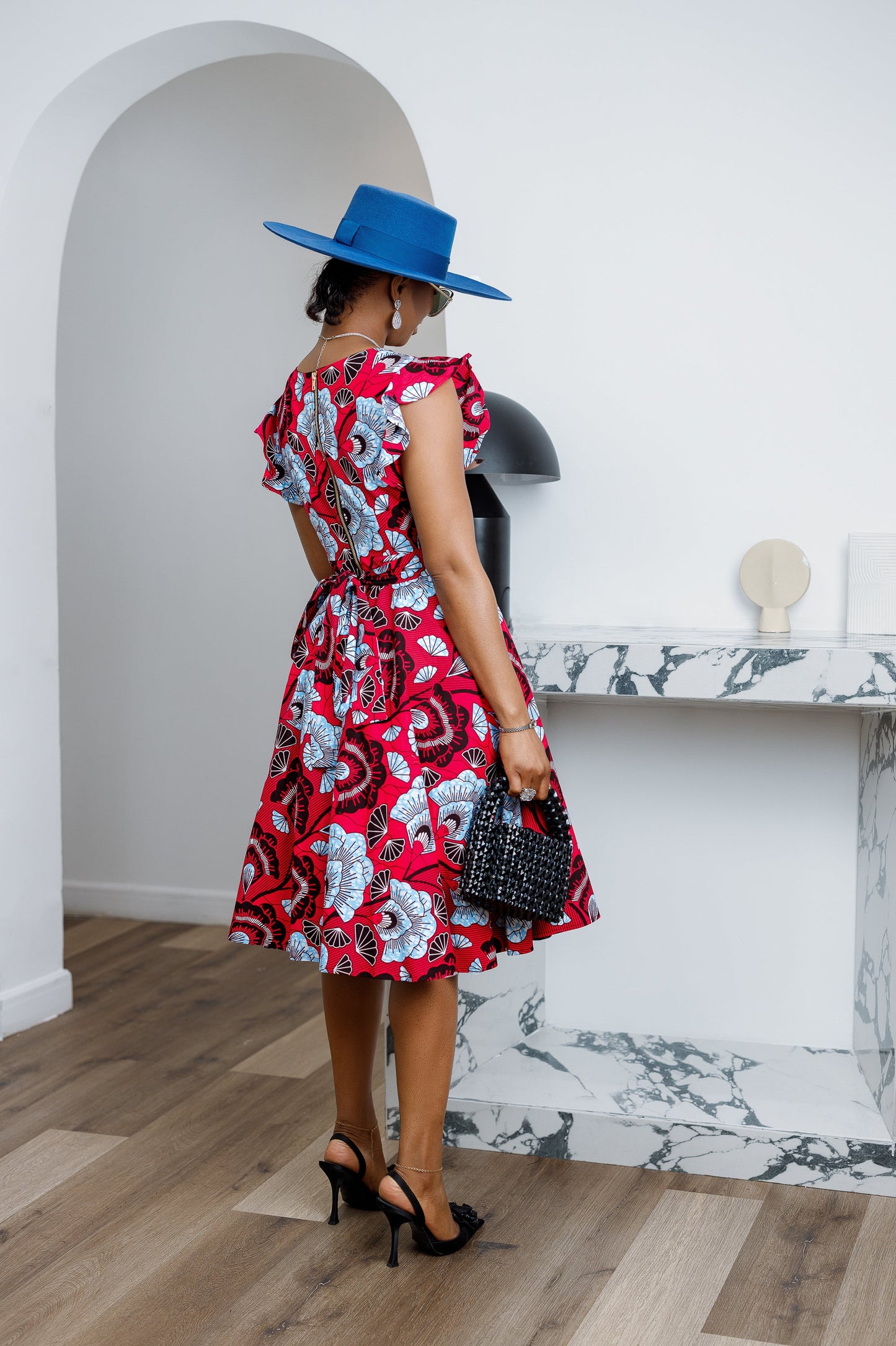 MALIKA AFRICAN PRINT FRILL SLEEVE DRESS [RED]