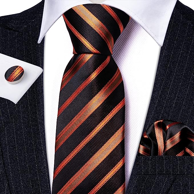 Men’s Silk Coordinated Tie Set - Orange Black Stri[pe