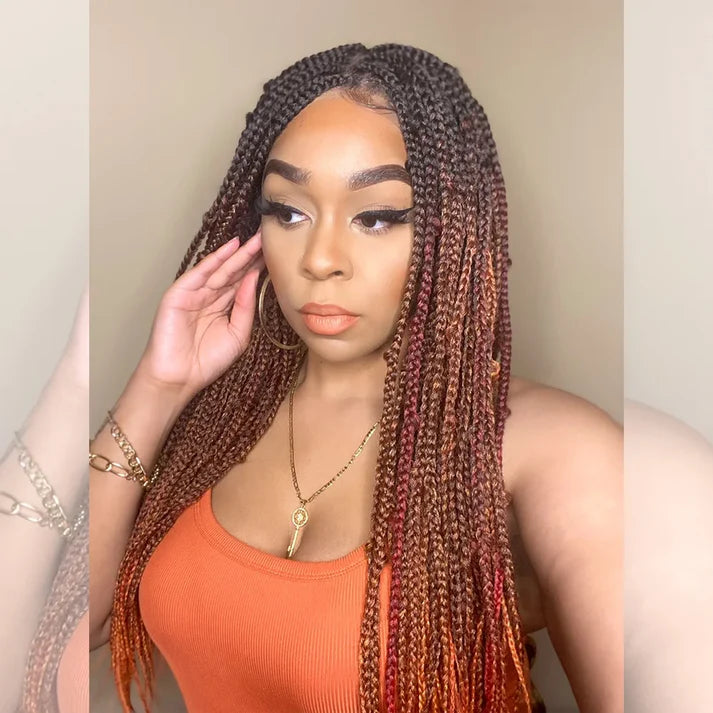 28 Inches 4x4 Black to Orange Ends Box Braids Lace Closure Wigs 200% Density-100% Handmade