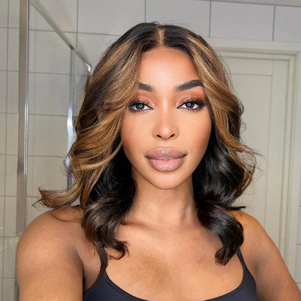 14 Inches Blonde Mix Black Loose Wave 5x5 Closure HD Lace Glueless Mid Part Short Wig