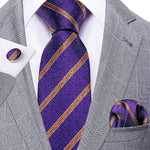 Men’s Silk Coordinated Tie Set - Purple Violet with Gold Stripe (5294)