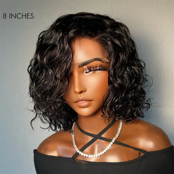 10 Inches #1B T-Part Undetectable Lace Water Wave C Part Short Bob Wig