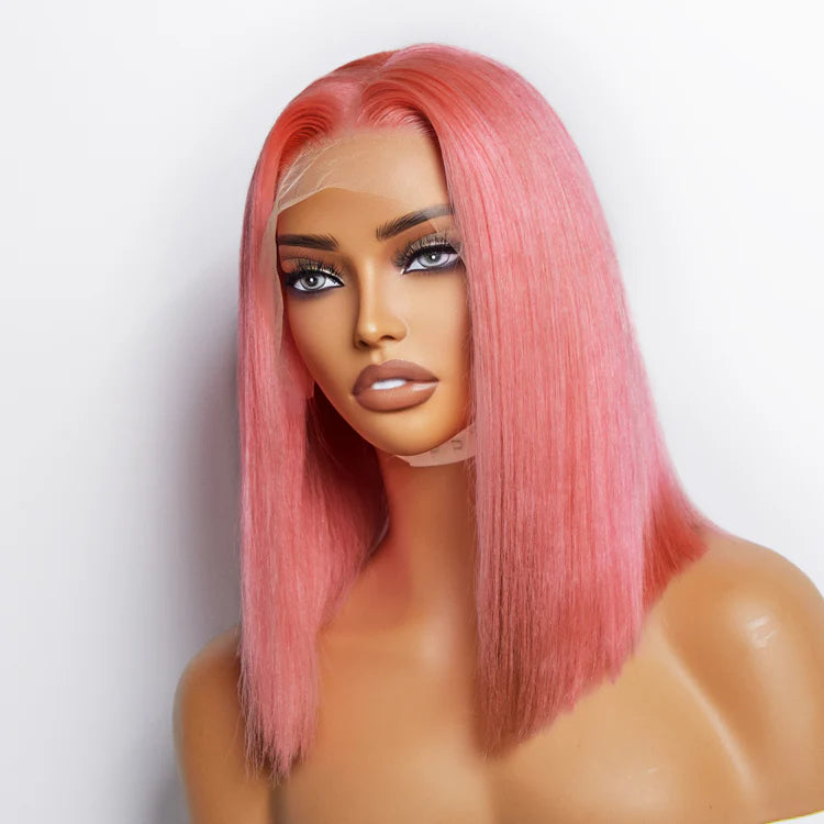 12 Inches Pre-Plucked 13"x4" #Pink Straight Bob Lace Frontal Wig 150% Density-100% Human Hair