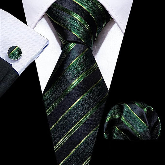 Men’s Silk Coordinated Tie Set - Green Gold Black Striped