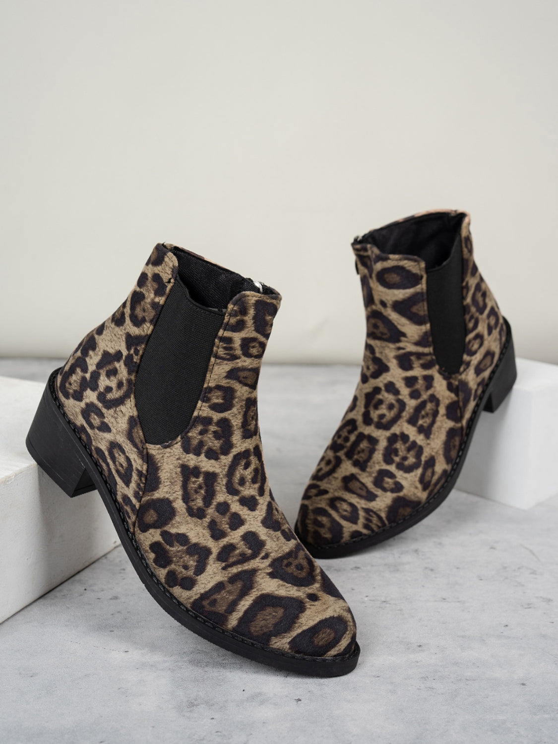 Leopard Point Toe Block Heel Boots, 2 patterns