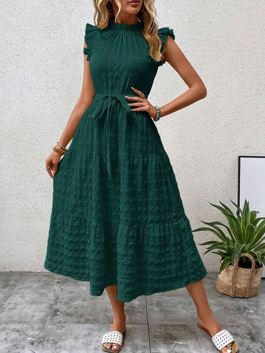 Tied Ruffled Cap Sleeve Midi Dress - 7 color choices