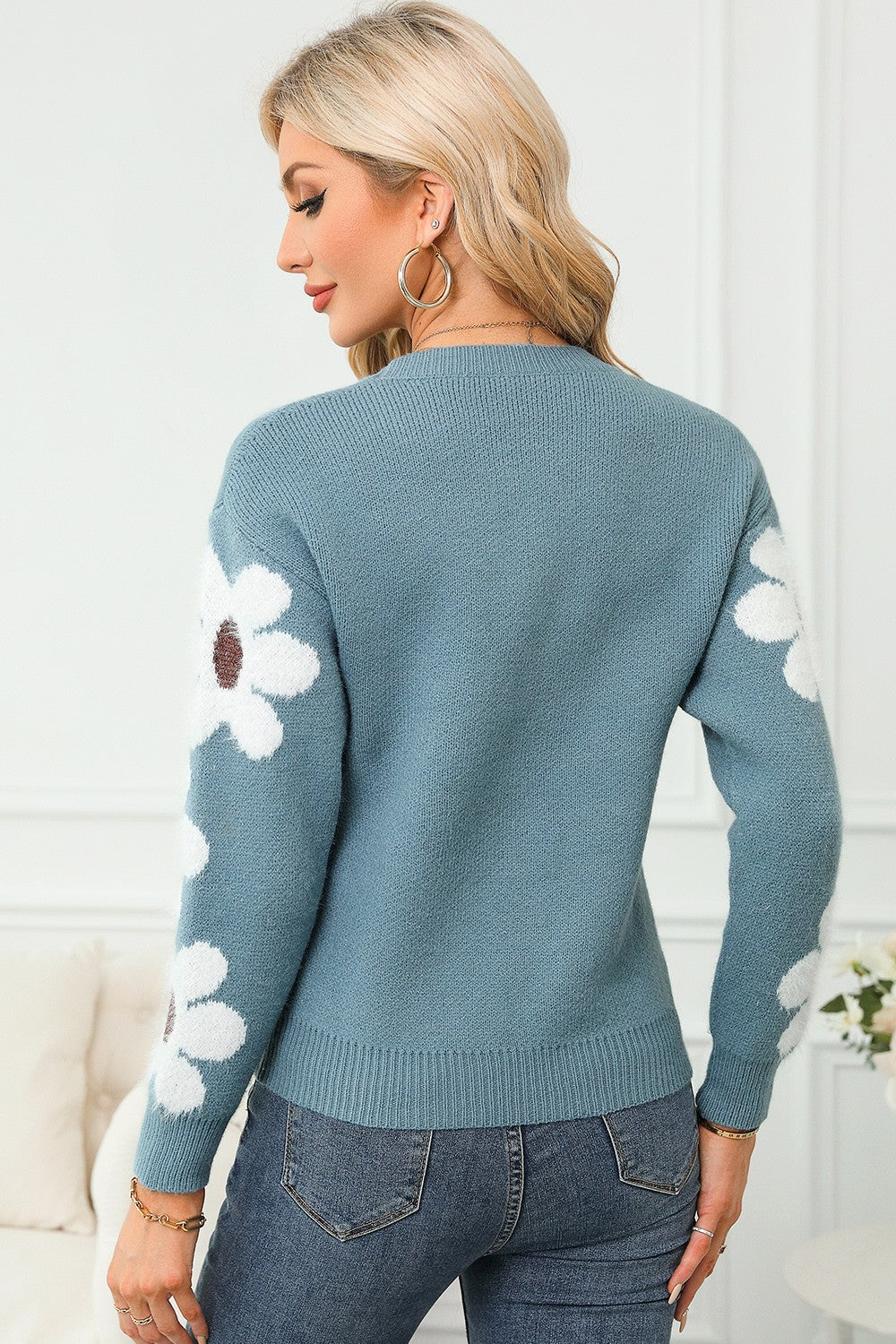 Flower Round Neck Long Sleeve Sweater