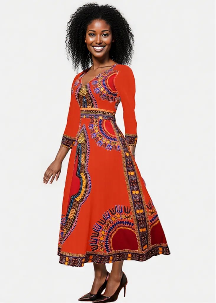 Elegant African Print Maxi Dress – Sizes S to 3XL (Orange)