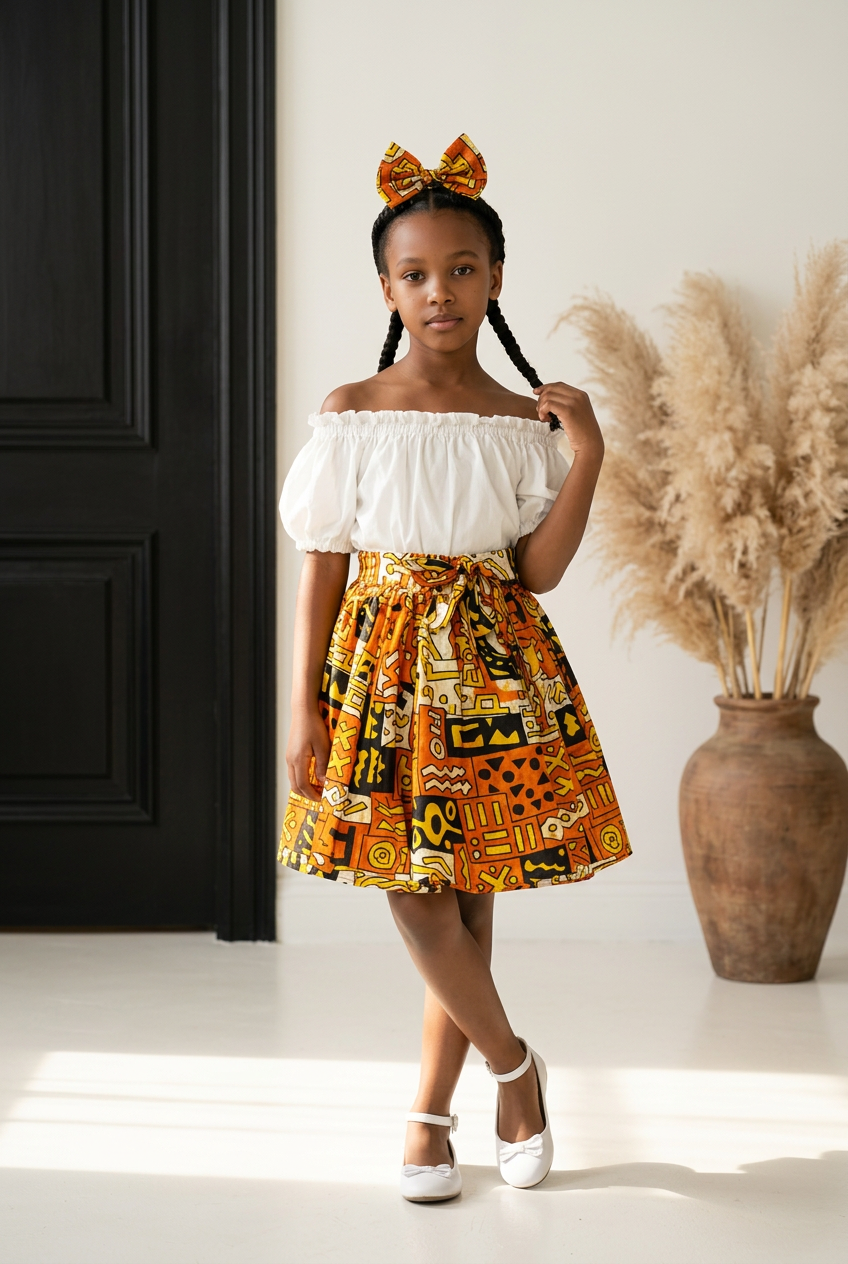 Little Girls Skirt & Head Bow Set-Kids Pumpkin K05 (Child Size 5-8)
