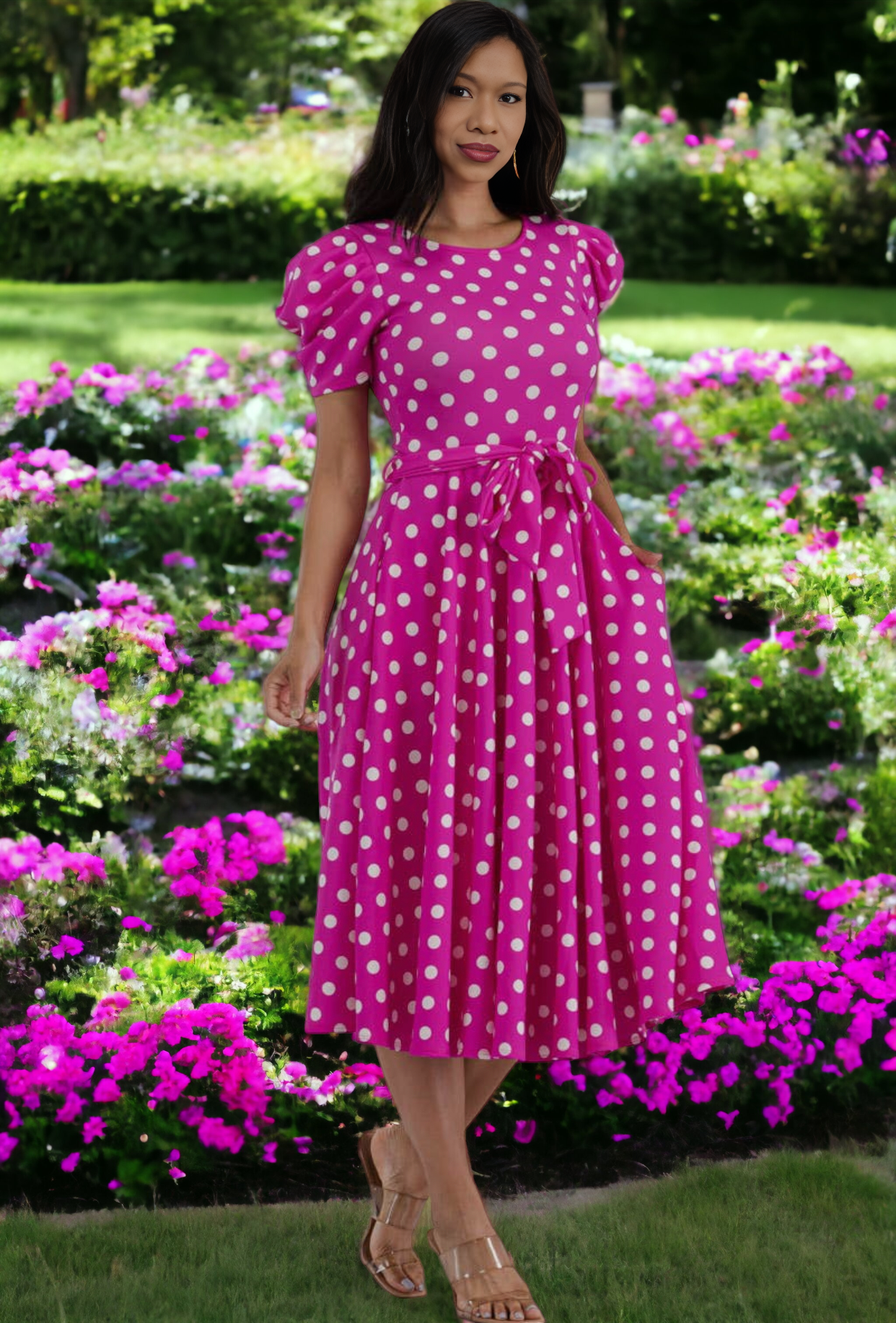 Puff Sleeve Polka Dot Cocktail Dress, Sizes 1X - 3X (Fuschia)