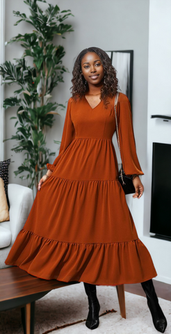 V-Neck Long Sleeve Tiered Dress