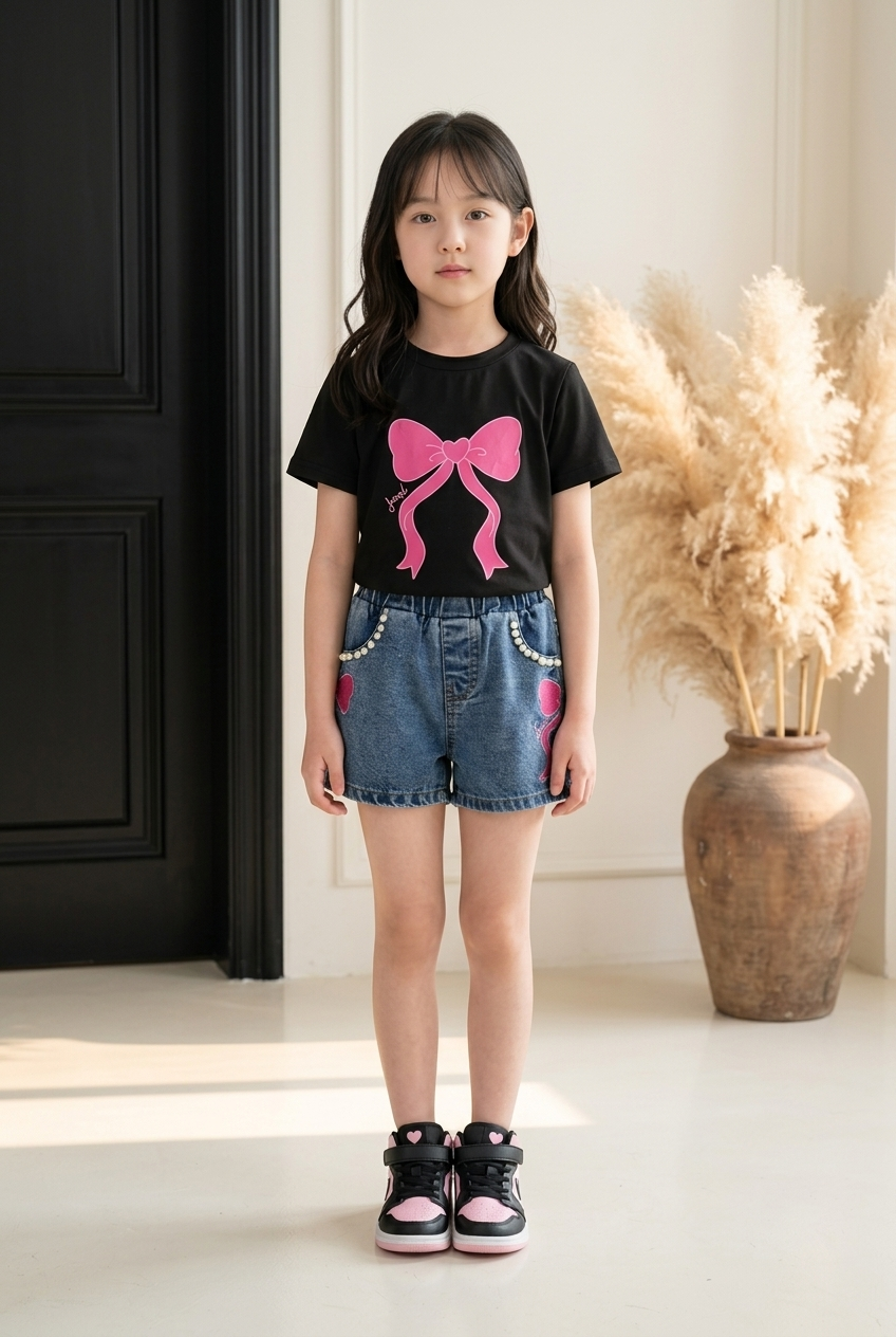 Children's Bowknot T-shirt and Denim Shorts Set