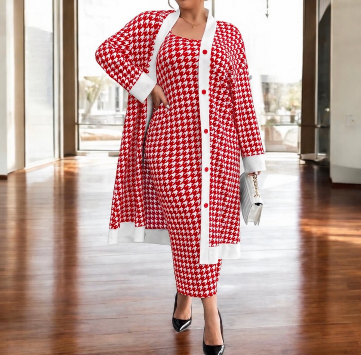 Classic Houndstooth Knit Cardigan & Dress Set - White/Red, 3X (US 18)