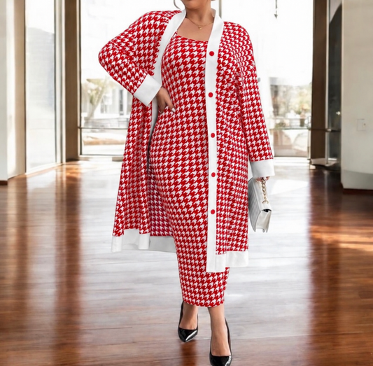 Classic Houndstooth Knit Cardigan & Dress Set - White/Red, 3X (US 18)