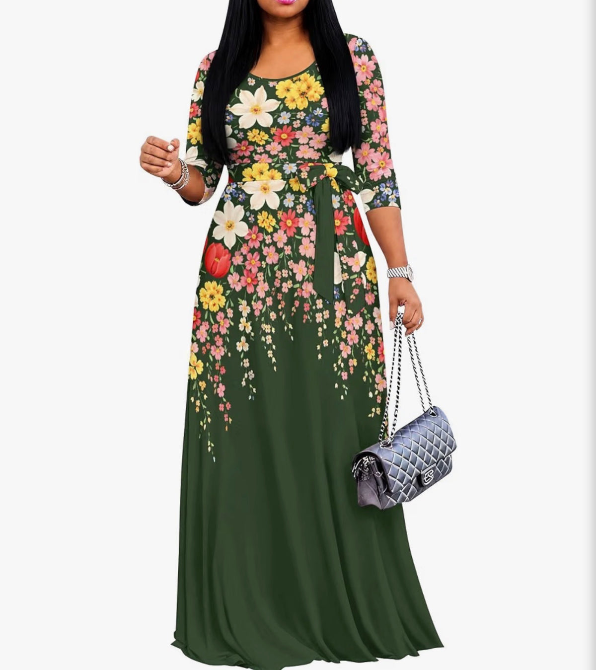 Women's 3/4 Sleeve Plus Size Maxi Dress A-line with Pockets, Size Large