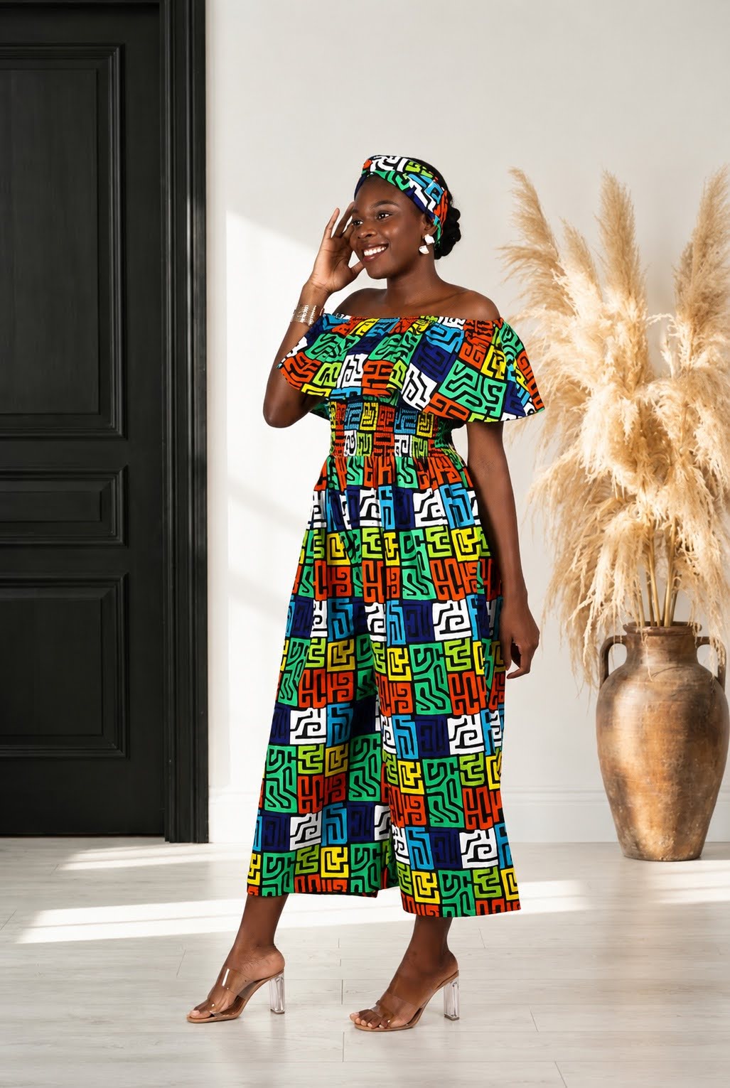 African Print Ruffled Neckline Jumpsuit / Romper (Blue)