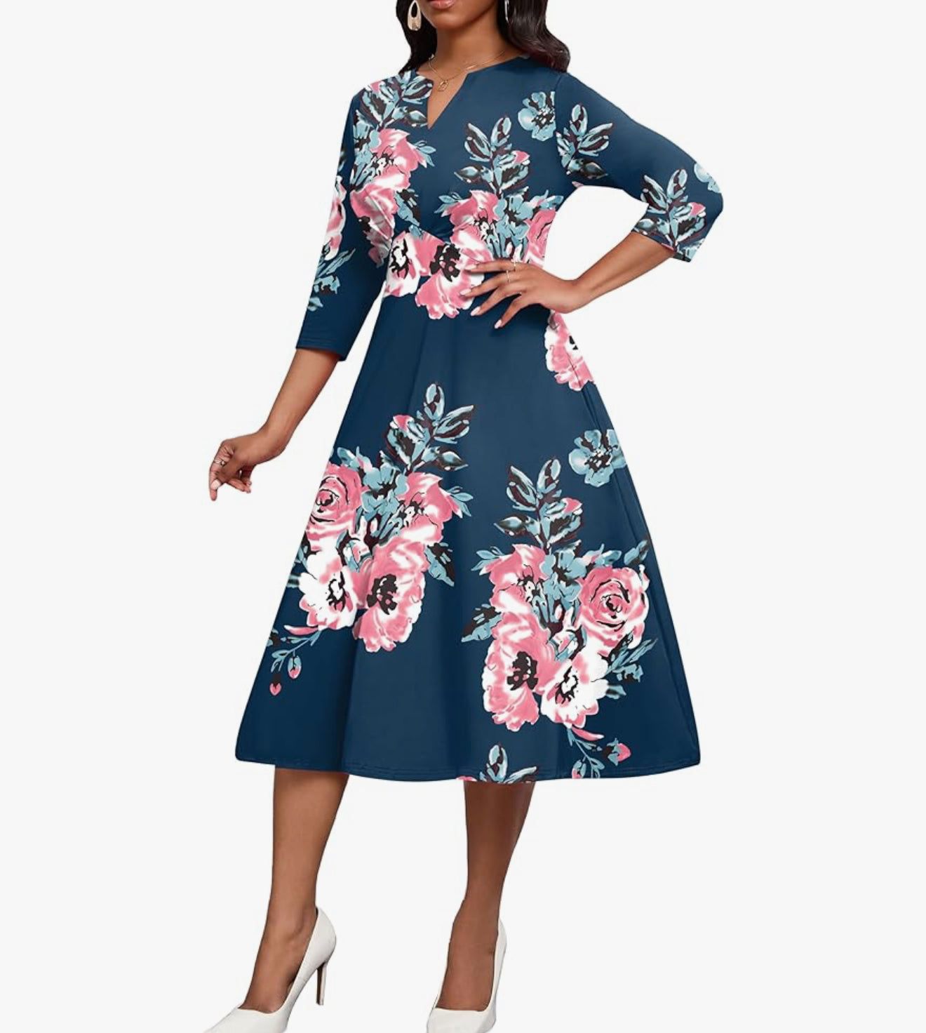 Casual Midi Floral Print Dress, 3XL