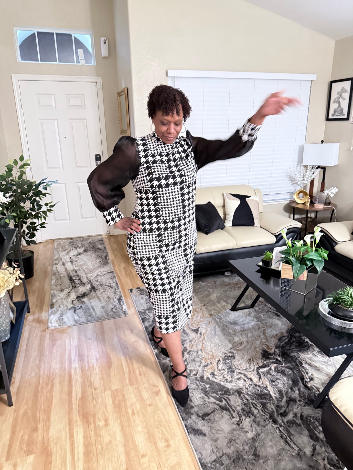 Houndstooth Print Mesh Sleeve Ladies Dress, Sizes Small - 4XLarge (US Sizes 4 - 20)