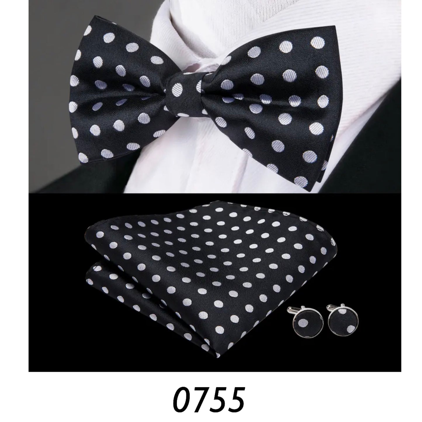 Men’s Silk Coordinated Black Bow Tie Set - Black with White Polka Dots 0755