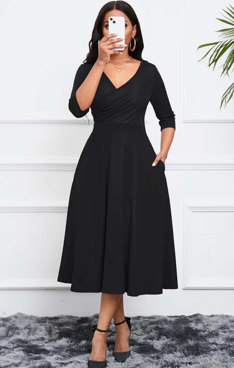 Casual Wrap Flared Dress, Sizes Small - 3XLarge (Black Dress)