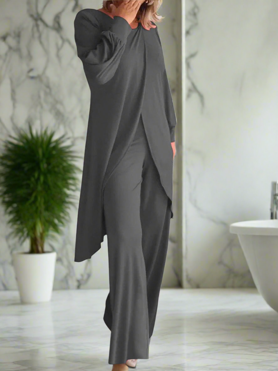 Full Size Slit Round Neck Long Sleeve Top and Pants Set