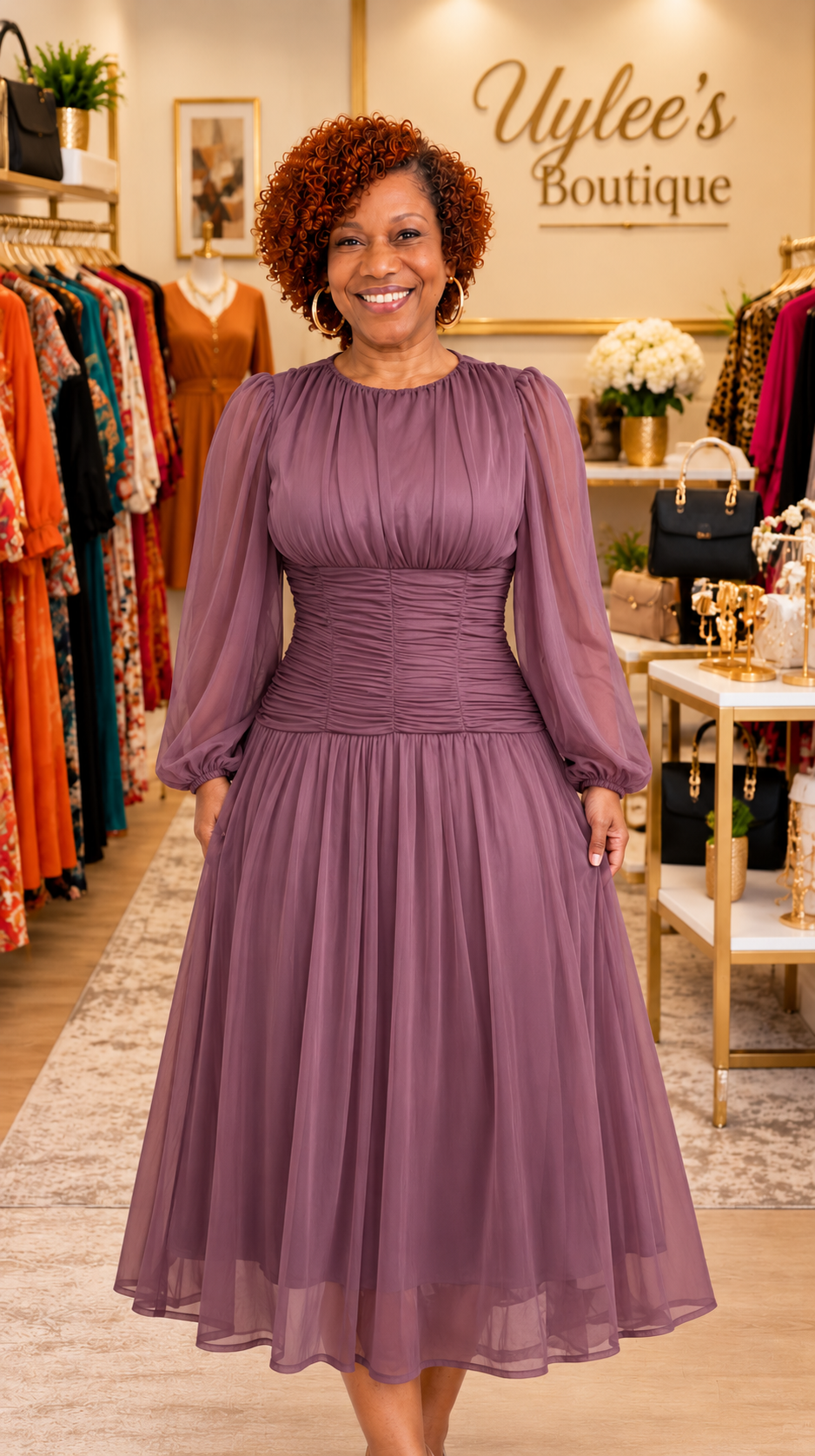 Mauve Purple Long-Sleeve Chiffon Midi Dress, 2X (US 16)