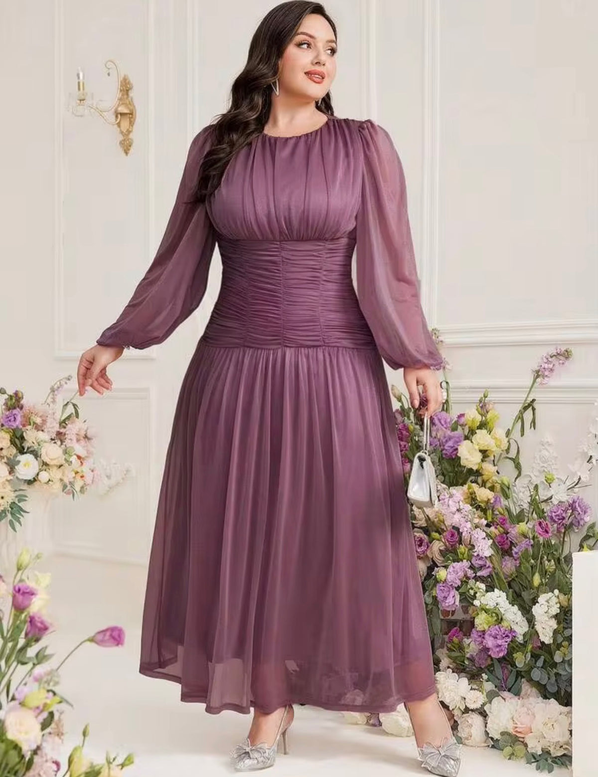 Mauve Purple Long-Sleeve Chiffon Midi Dress, 2X (US 16)