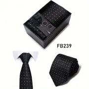 Men’s Silk Coordinated Tie Set w/Box - Black with small white dots (FB239)