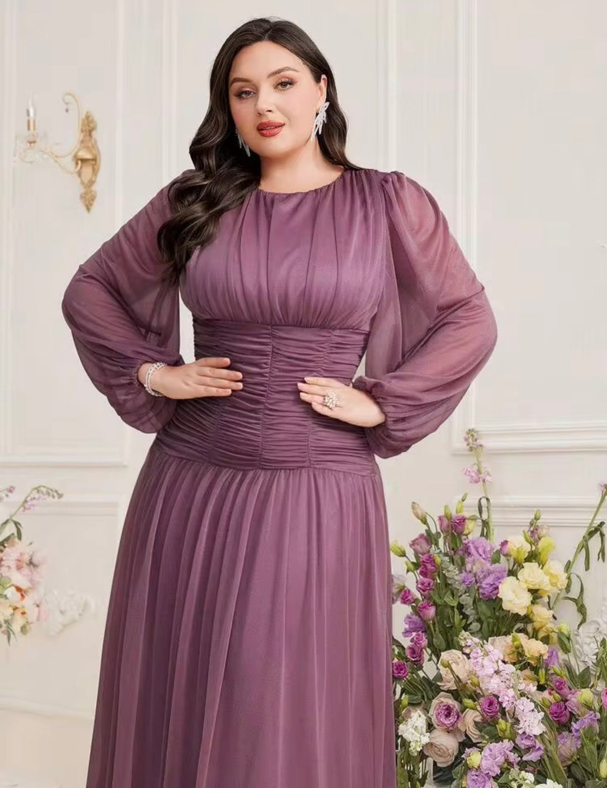 Mauve Purple Long-Sleeve Chiffon Midi Dress, 2X (US 16)