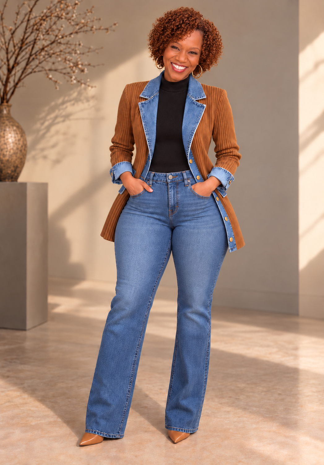 Full Size Denim Trim Ribbed Knit Cardigan Plus Size