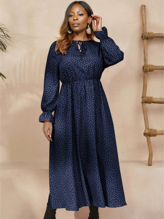 Plus Size Ruffled Polka Dot Long Sleeve Midi Dress - Three Color Choices