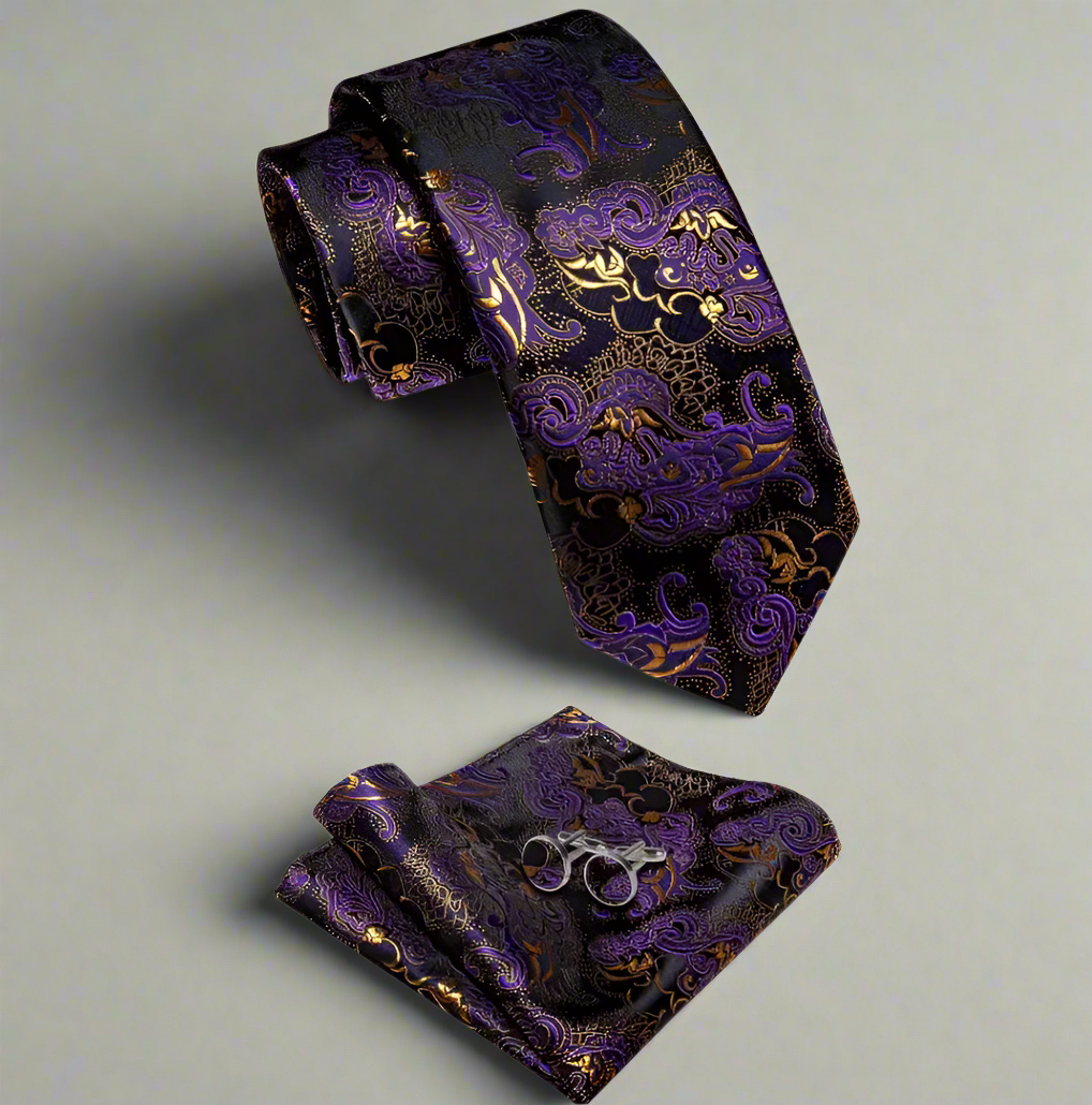 Men’s Silk Coordinated Tie Set - Purple & Gold Paisley