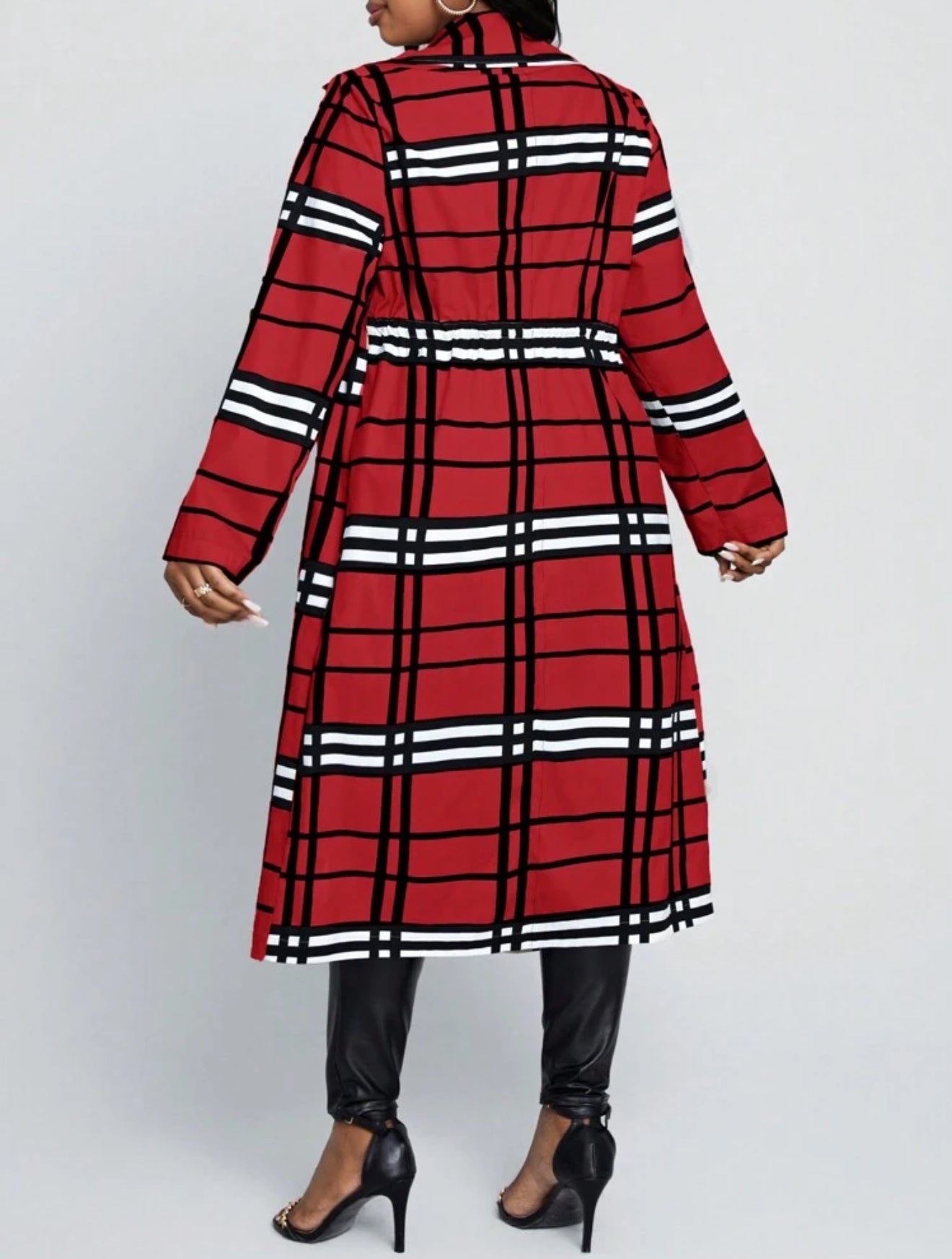 Red Plaid Print Long Length Cardigan, Plus Size 12 - 20