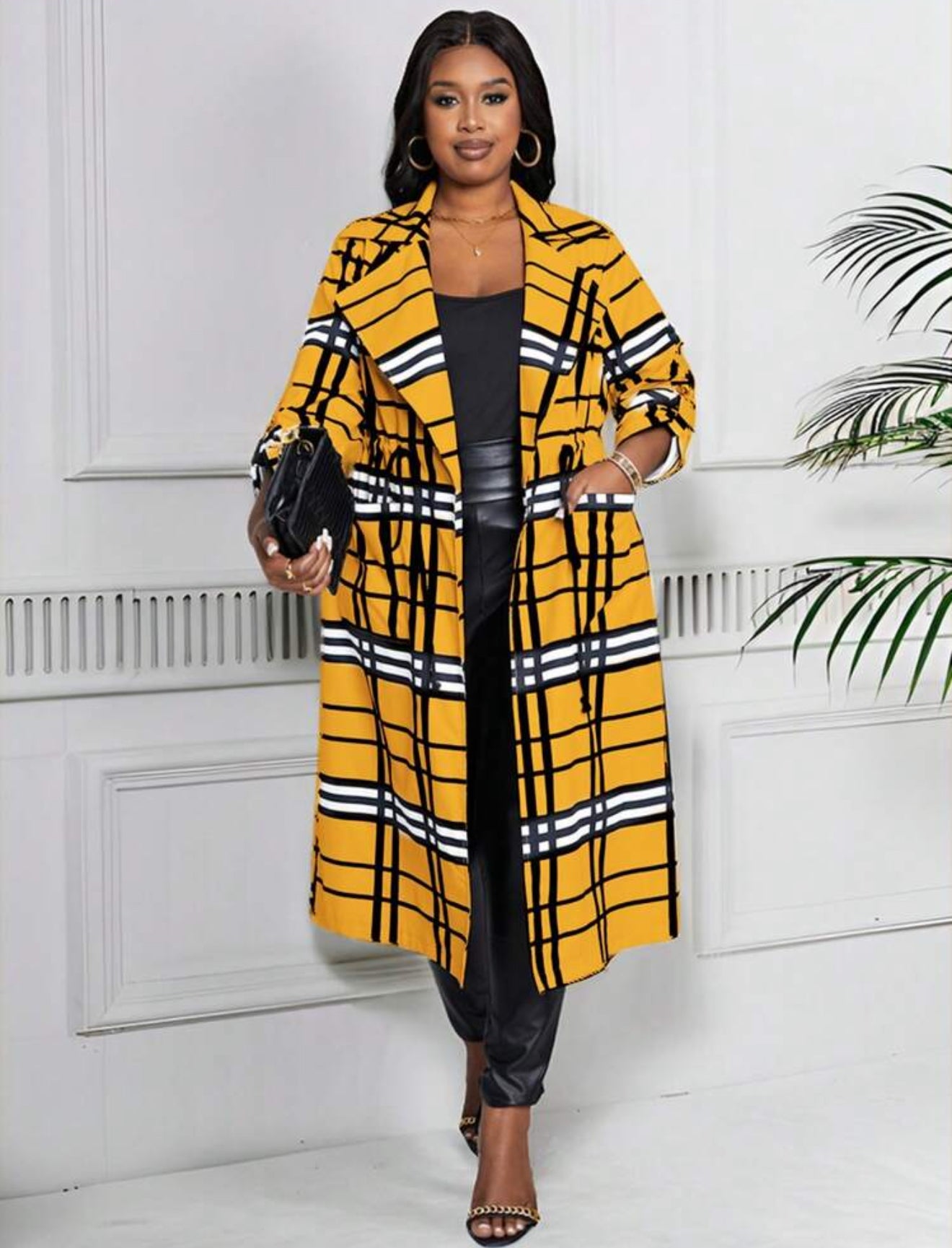 Mustard Plaid Print Long Length Cardigan, Plus Size 12 - 20