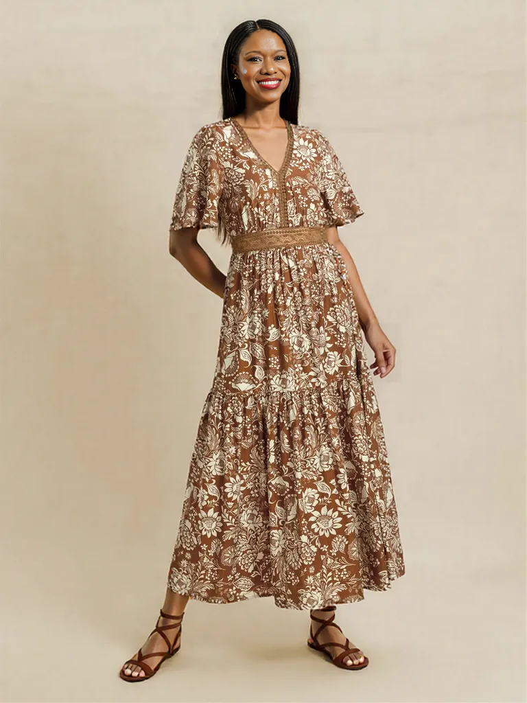 Lace Detail Printed Short Sleeve Midi Dress (US Sizes 4 - 14)