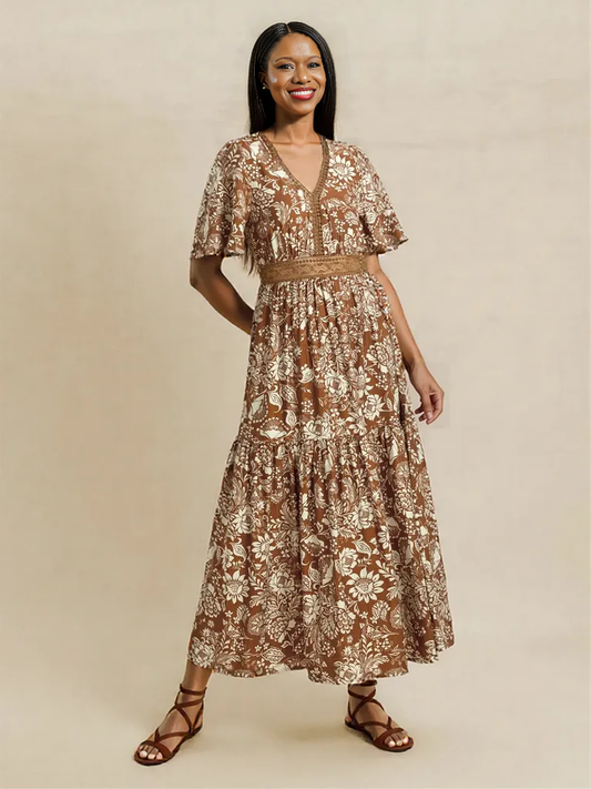 Lace Detail Printed Short Sleeve Midi Dress (US Sizes 4 - 14)