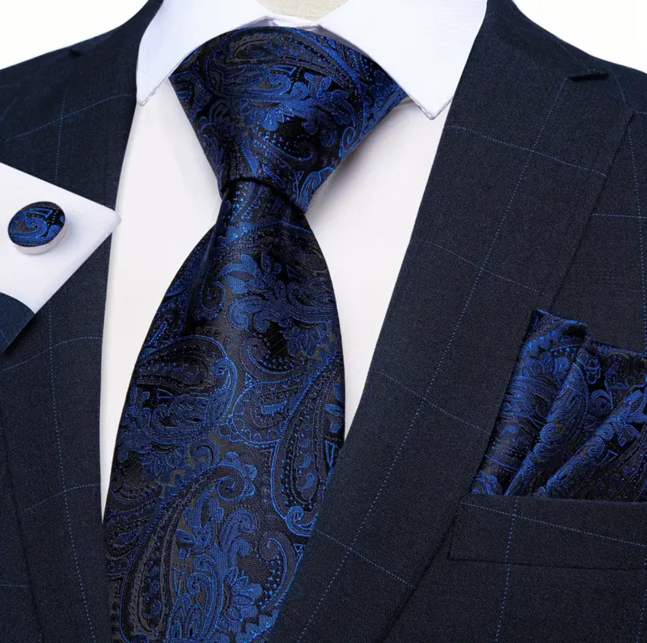Men’s Silk Coordinated Tie Set - Deep Royal Blue & Black Paisley