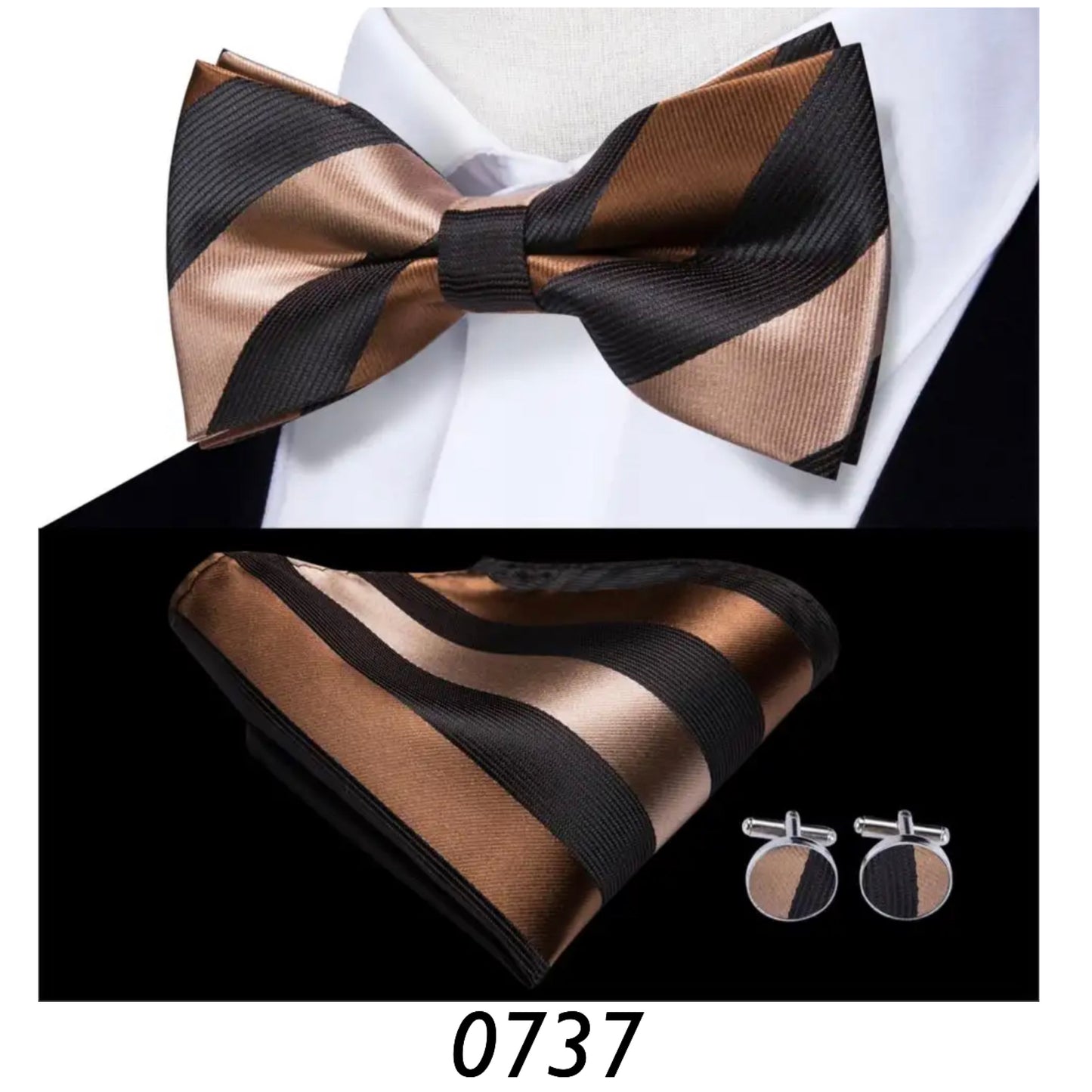 Men’s Silk Coordinated Black Bow Tie Set - Brown Black Large Stripe 0737