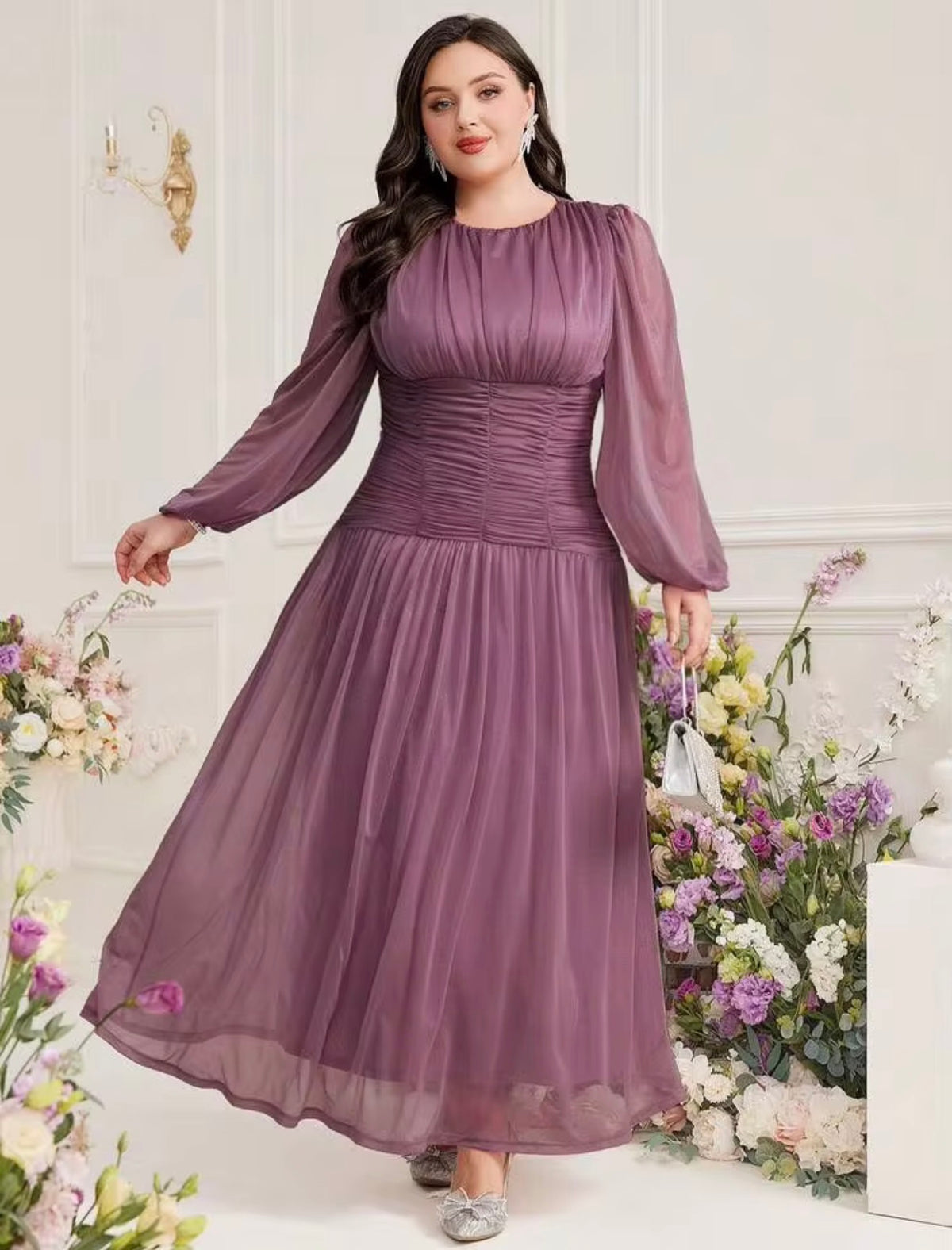 Mauve Purple Long-Sleeve Chiffon Midi Dress, 2X (US 16)