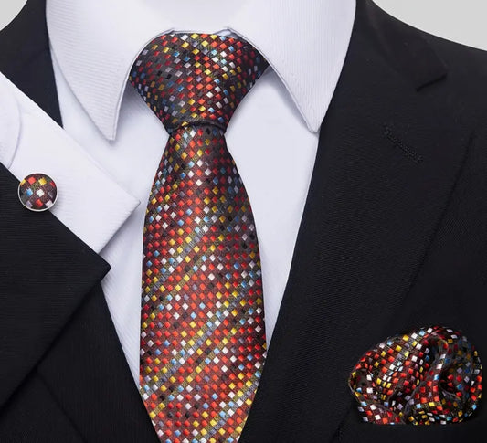Men’s Silk Coordinated Tie Set - Bronze Multi-Color Squared