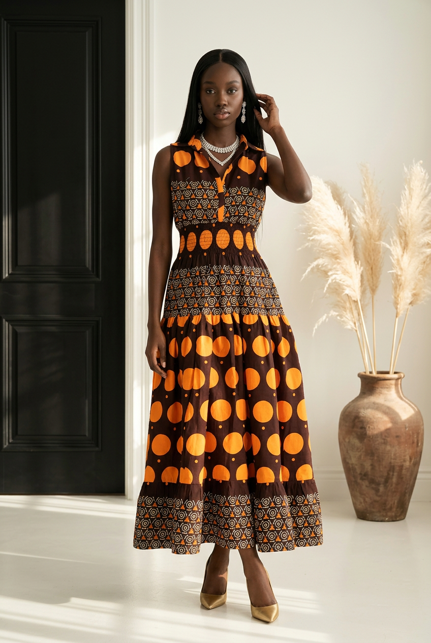 Long Smocked Dress With Scarf 5005-677