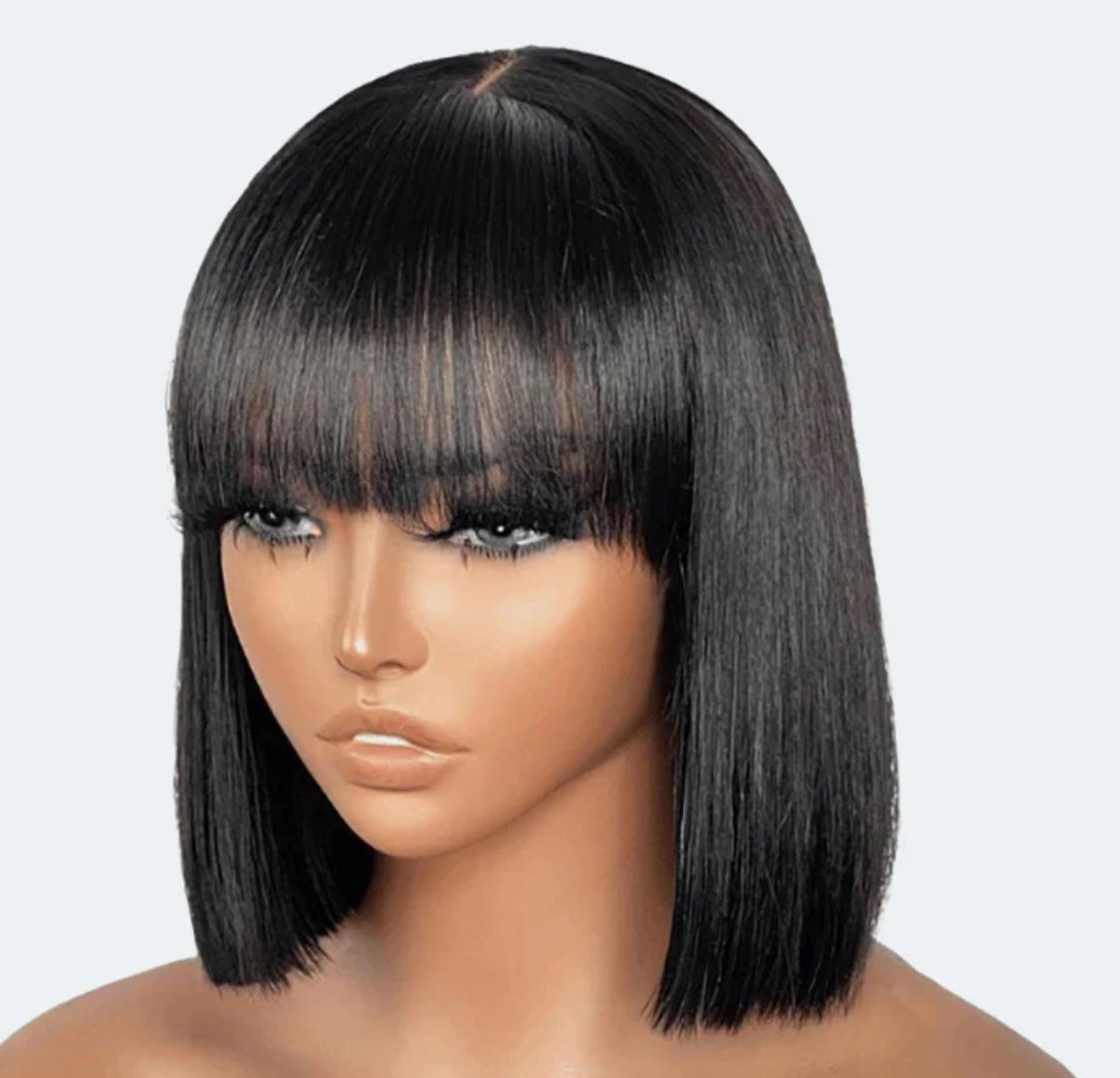 12 Inch Realistic Yaki Straight Bob With Bangs 2x1 Minimalist Lace Wig 150% Density