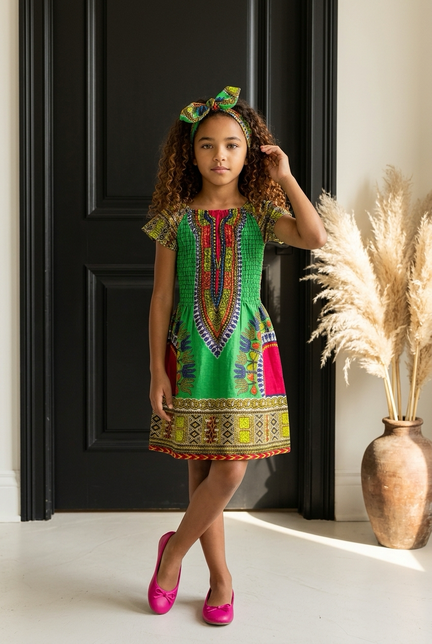 Little Girls Dashiki Dress with Coordinating Headband