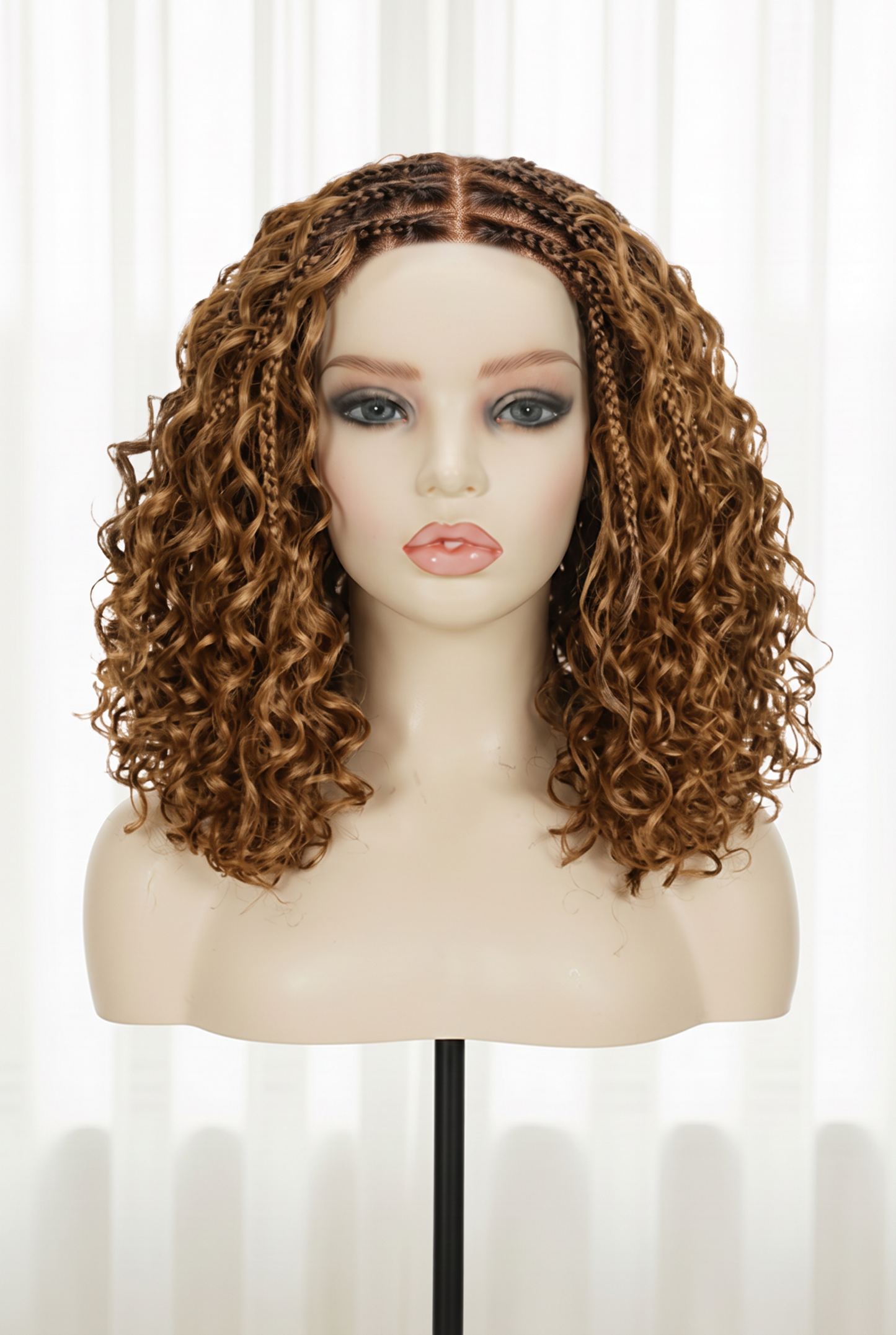 150% Density 5x5 Closure Lace with Boho Braids Pre-Cut Glueless Lace Wig Ombre Brown Highlight Curly, 12 inches