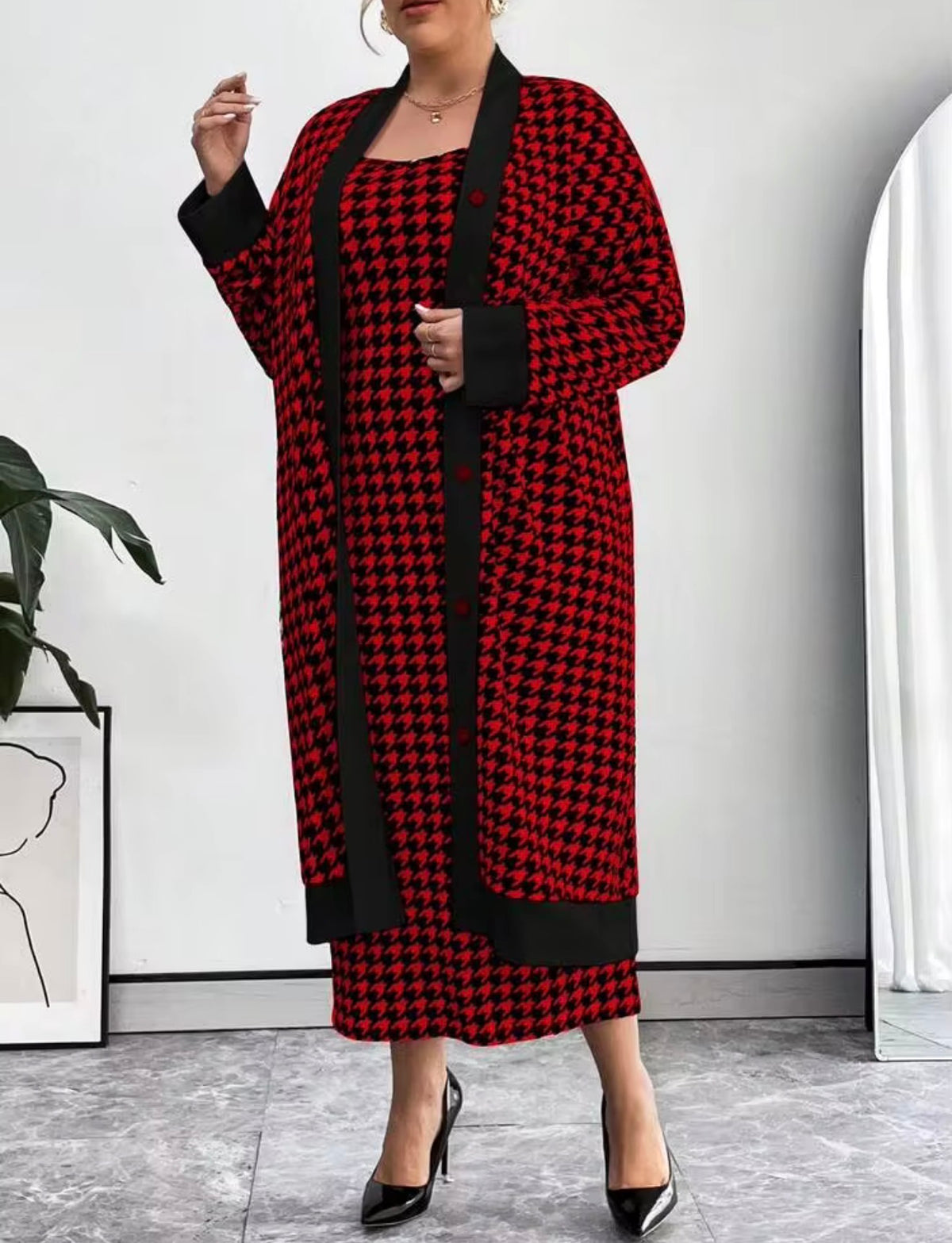 Classic Houndstooth Knit Cardigan & Dress Set - Black/Red, 3X (US 18)