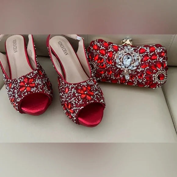 Nigerian Luxury Fashion Ladies High Heel Slippers and Bags Set with Rhinestones, Red US Size 8.5