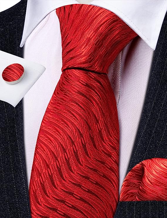 Men’s Silk Coordinated Tie Set - Deep Red Wheat Swirl