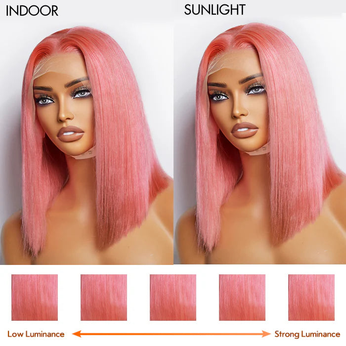 12 Inches Pre-Plucked 13"x4" #Pink Straight Bob Lace Frontal Wig 150% Density-100% Human Hair