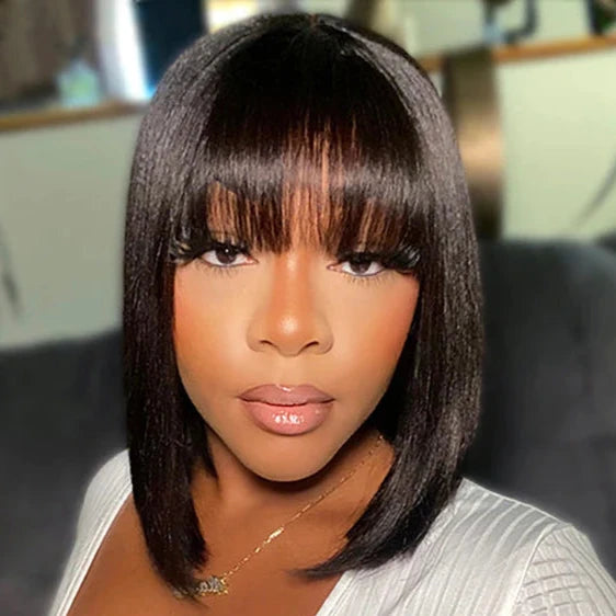 12 Inch Realistic Yaki Straight Bob With Bangs 2x1 Minimalist Lace Wig 150% Density